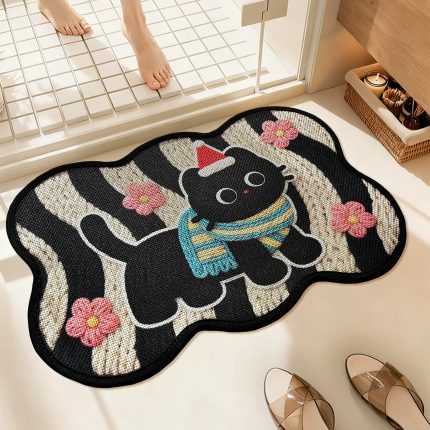 Knit-Like Bathroom Anti-Slip Mat - Black Cat with Scarf Design